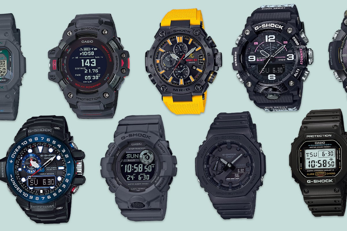 Colorful G-Shock watches, versatile features.