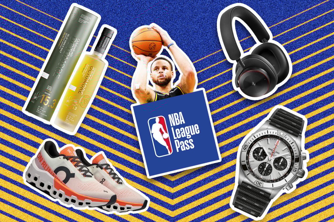 Collage of cool products: liquor, League Pass, shoes.