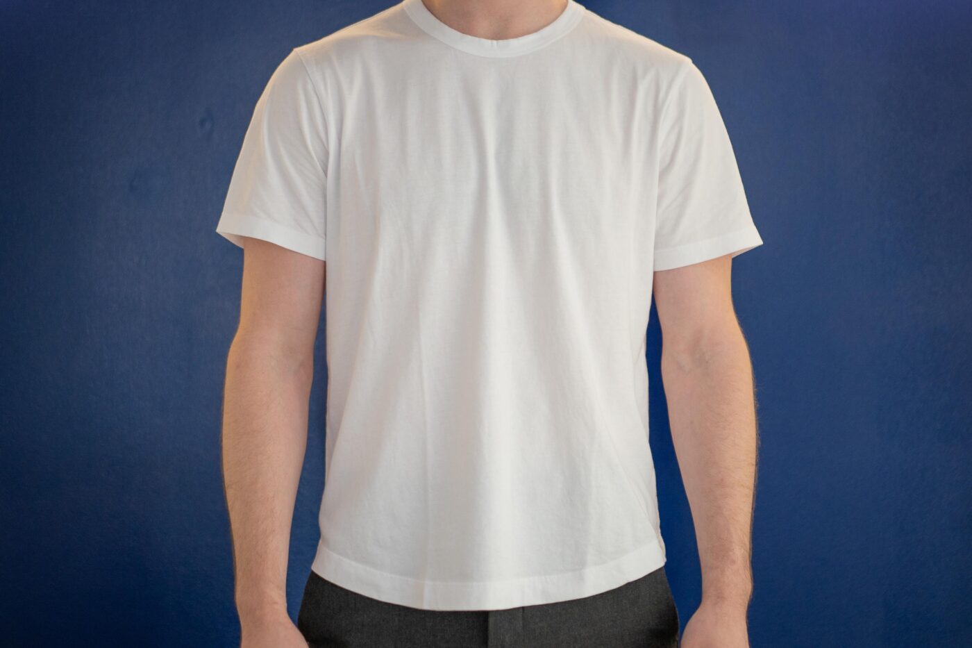 Buck Mason white tee on model