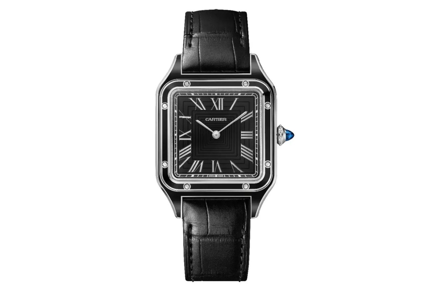 Cartier luxury black leather watch.