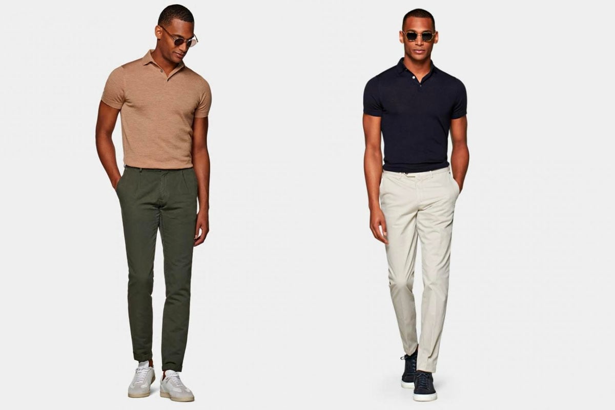 Two men, both wearing polo shirts with chinos, shades, and trainers but demonstrating different colour pallets.