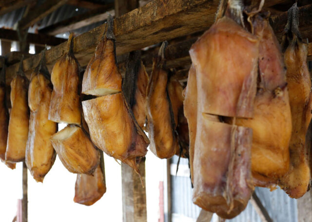 Fish hanging on racks, resembling Bourdain's culinary adventures.