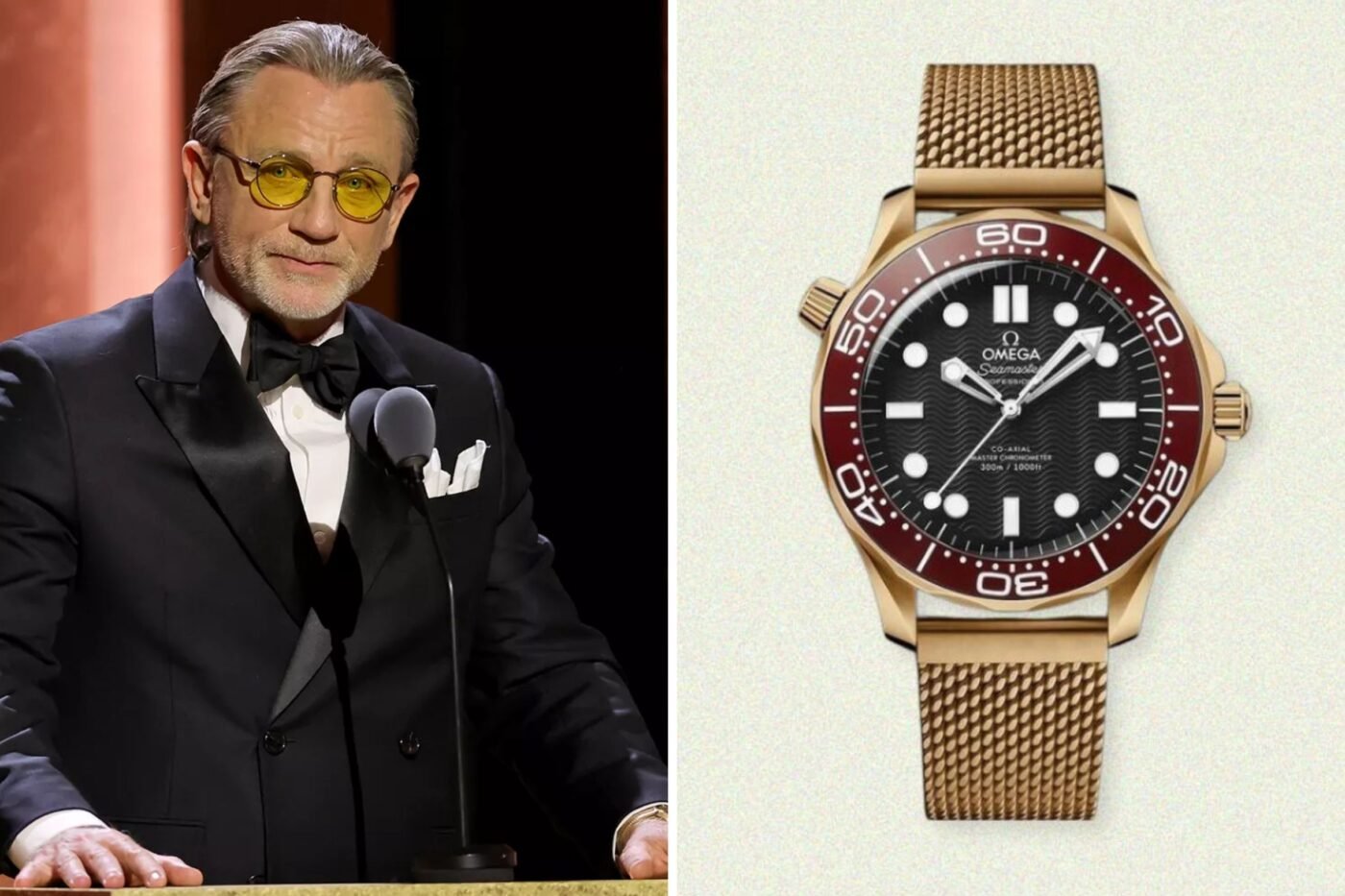 Daniel Craig teases an unreleased OMEGA Seamaster at the Governors Awards 2024 in Los Angeles.