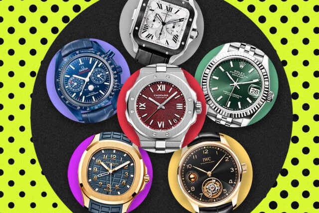 Luxury timepieces: Omega, Chopard, Rolex.