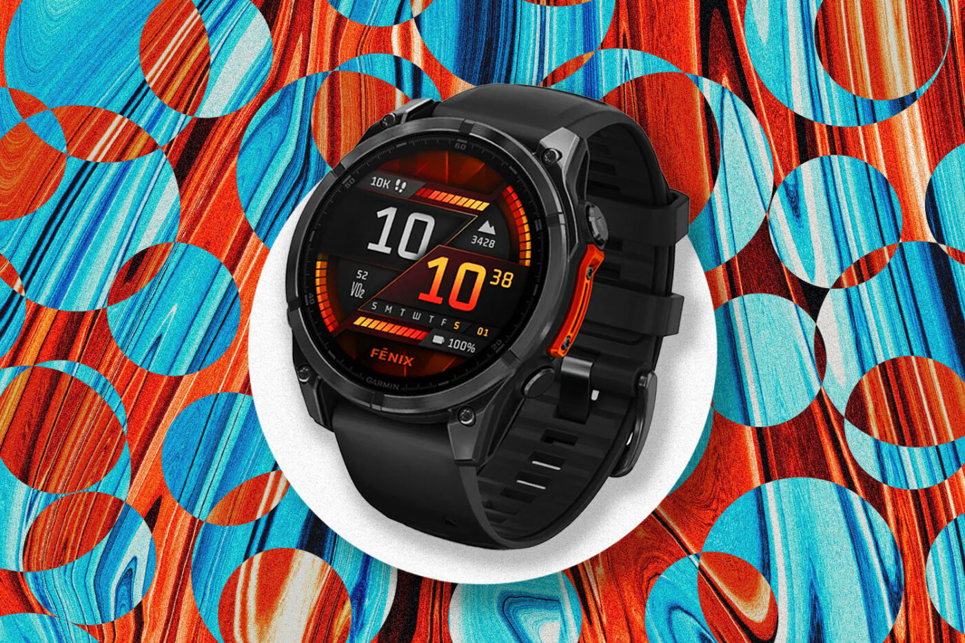 Garmin Fenix 8 watch on vibrant backdrop.