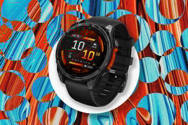 Garmin Fenix 8 watch on vibrant backdrop.
