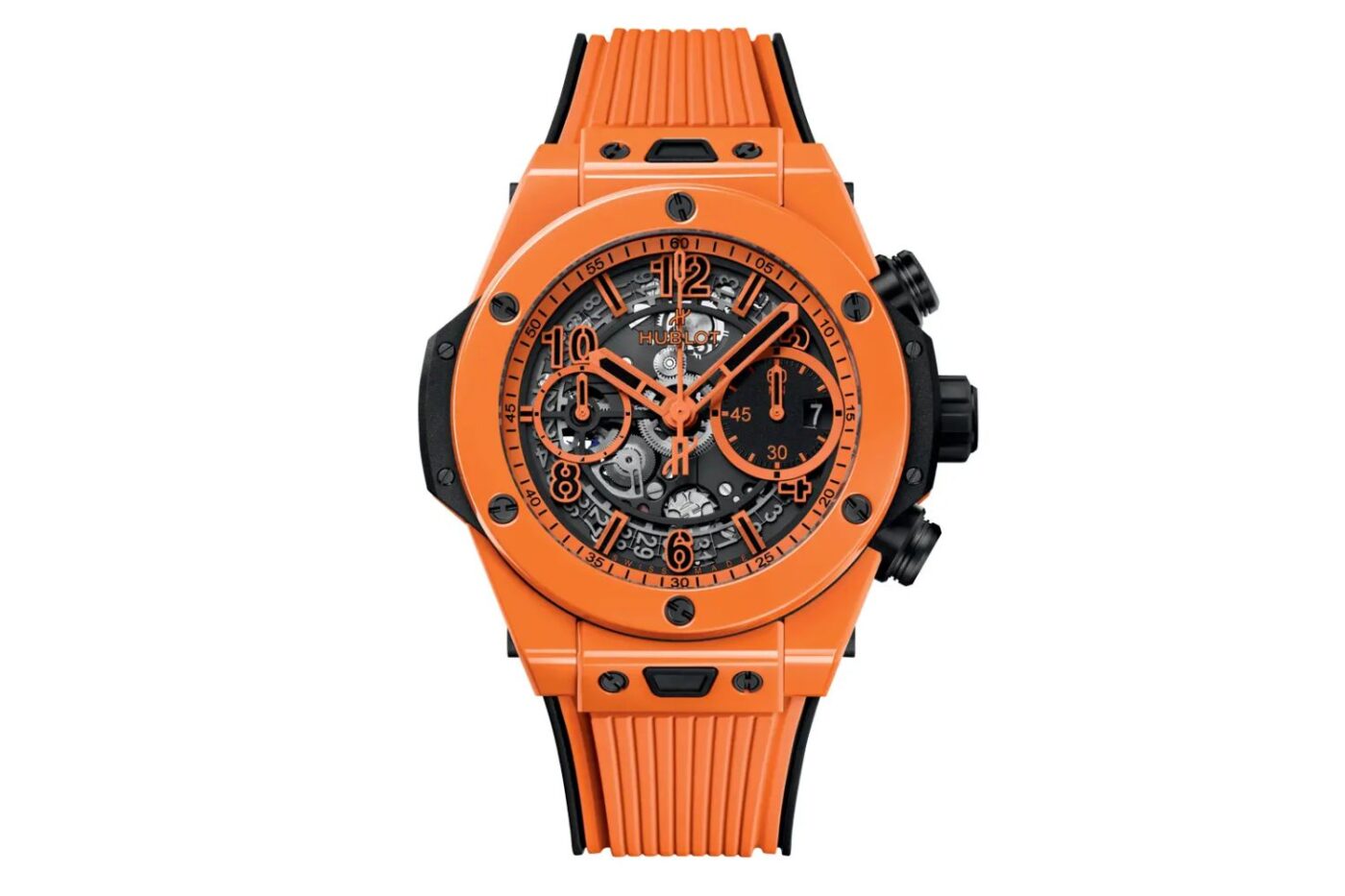 Orange luxury-inspired mechanical wristwatch.