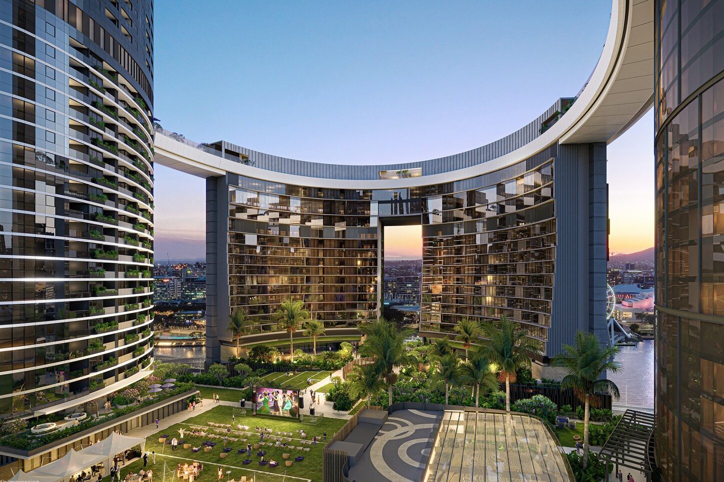 Modern high-rise, landscaped courtyard, sunset of the Star Grand hotel, Brisbane