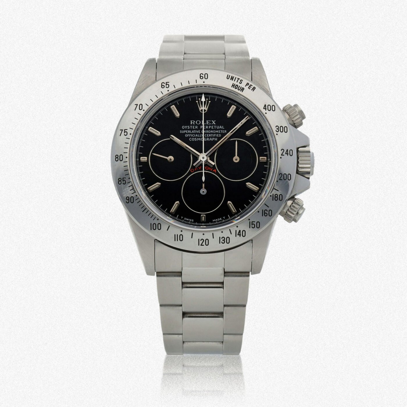 Silver Rolex Cosmograph Daytona with black dial.