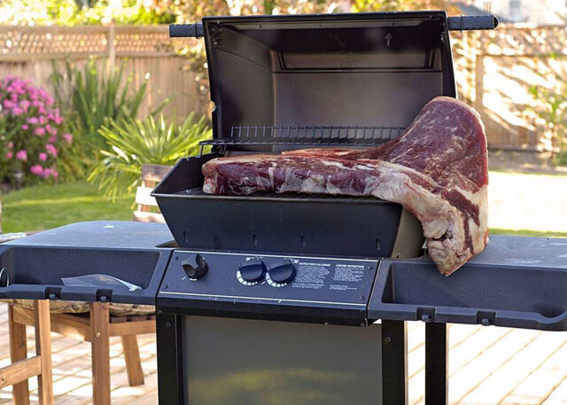 Steak sizzles on grill in charming backyard.