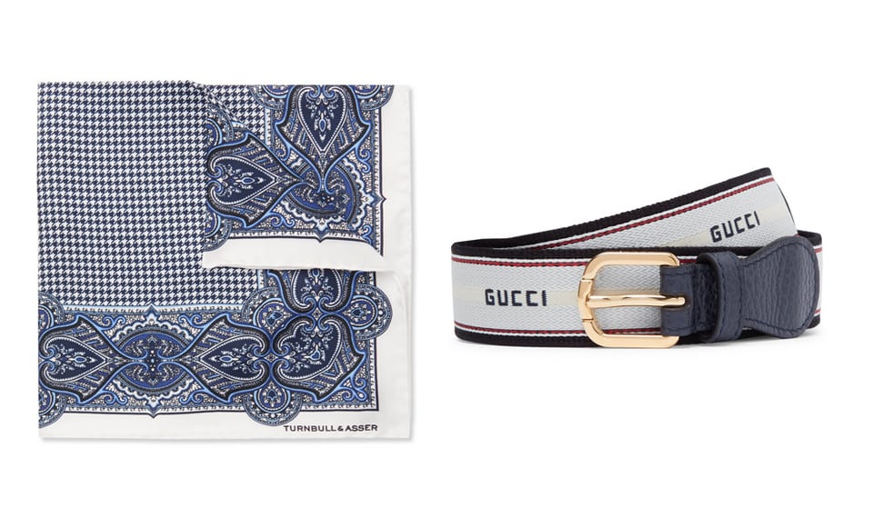 A Turnbull & Asser handkerchief next to a Gucci belt.