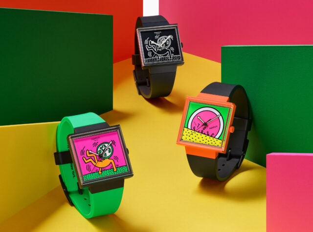 Swatch watches displayed on vibrant background panels.