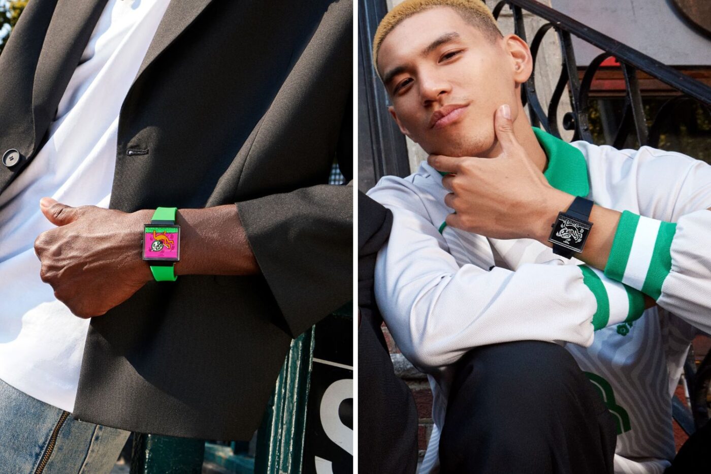 Two individuals display new Swatch smartwatches outdoors.