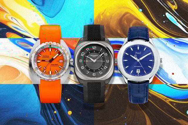 Three distinctive watches on a marbled background.