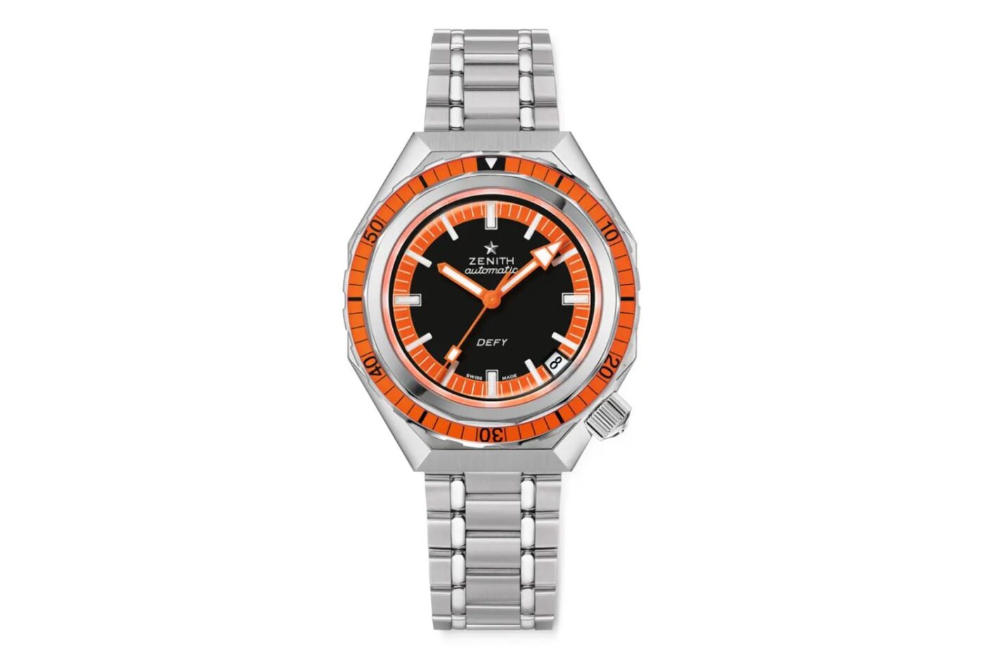 Zenith Defy orange stainless watch.